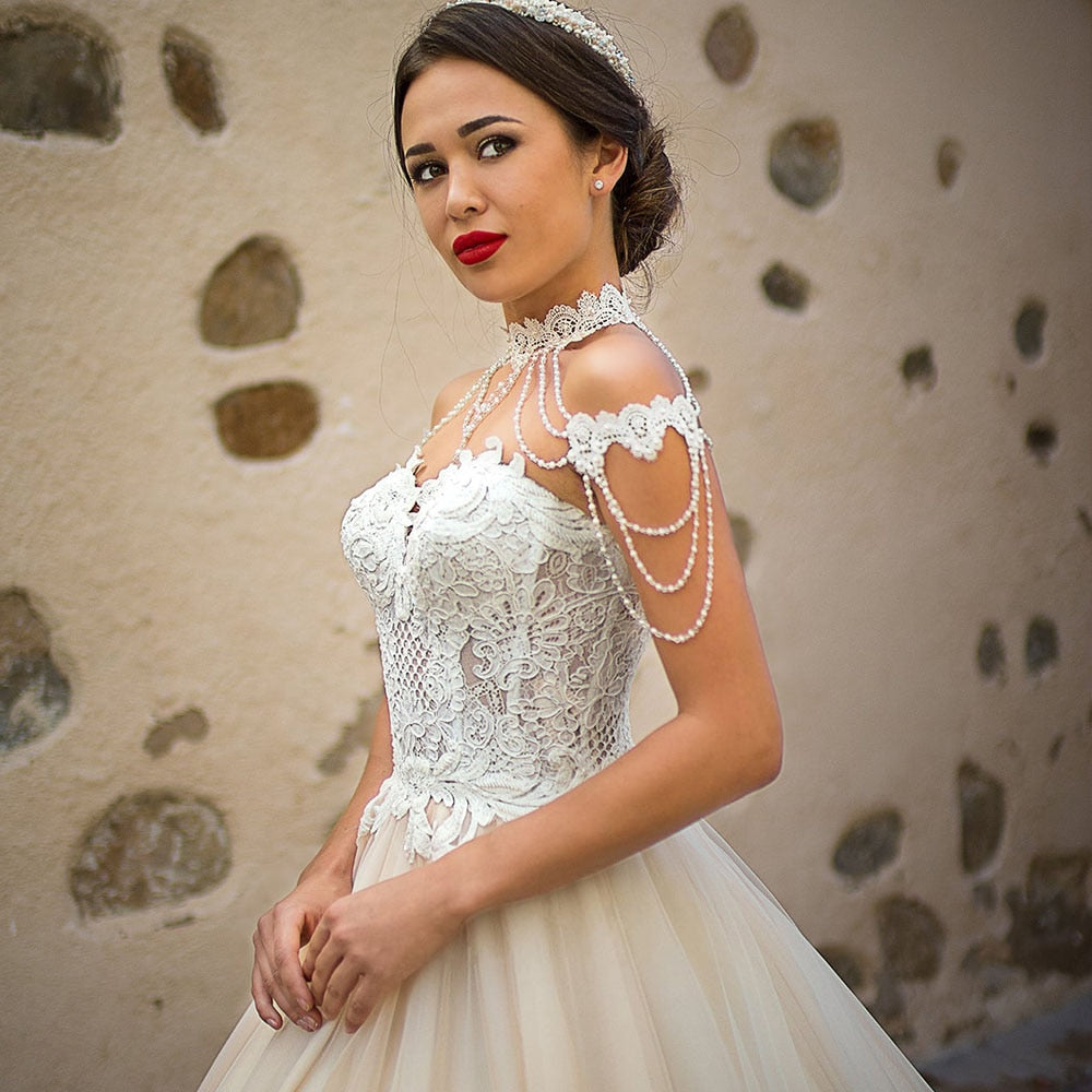 Appliques Lace Princess Ball Gown Wedding Dresses With Removable Pearls Neck Shoulder Decorated - LiveTrendsX