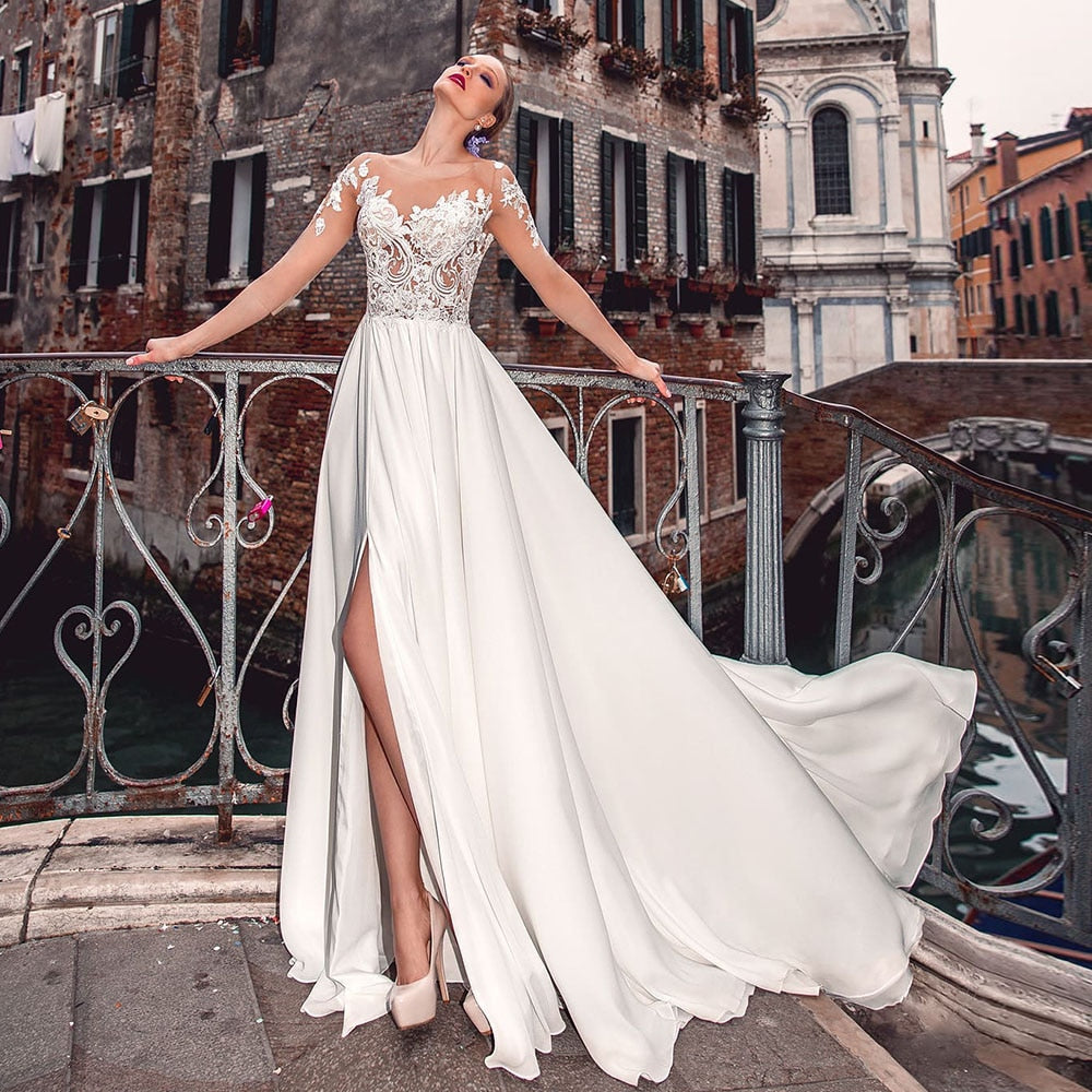 New Arrivals Half Sleeve Appliques Satin Illusion Wedding Gowns Vestido Casamento Buttons Up Skirt Slit Sexy Bridal Dresses - LiveTrendsX