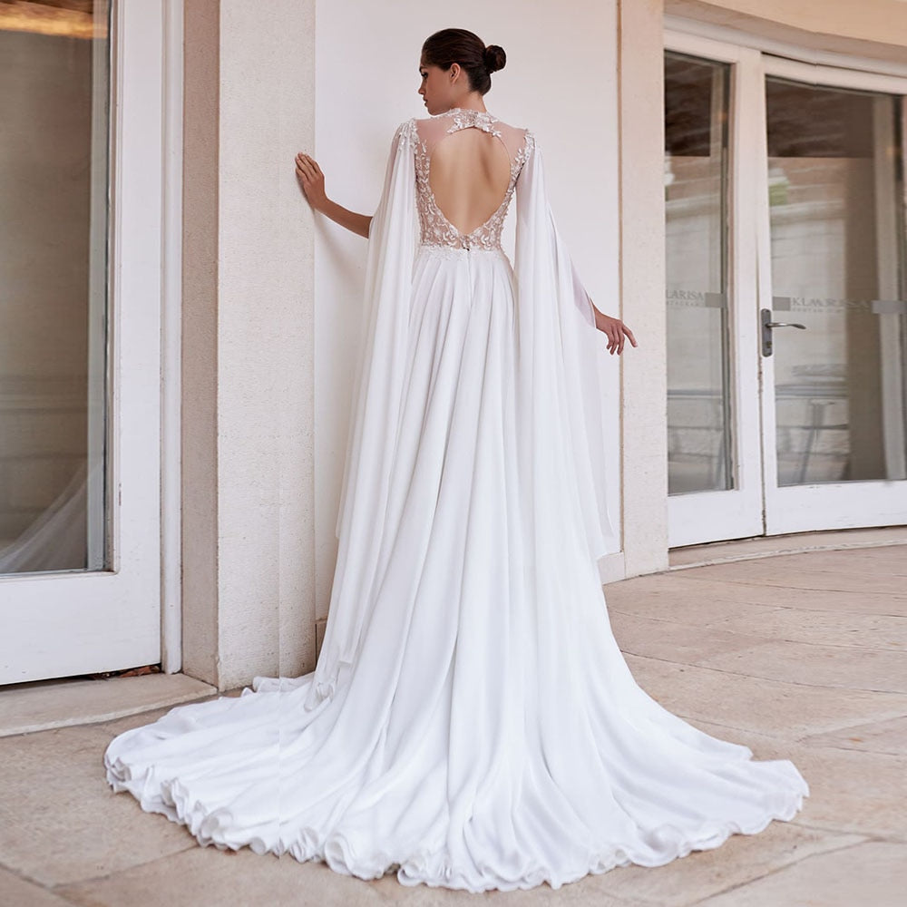 Beading Lace Flowers Chiffon Beach Wedding Dresses With Shawl Elegant Alibaba China Skirt Slit Open Back Sexy Bridal Gowns - LiveTrendsX