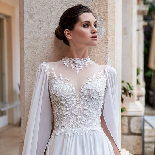 Beading Lace Flowers Chiffon Beach Wedding Dresses With Shawl Elegant Alibaba China Skirt Slit Open Back Sexy Bridal Gowns - LiveTrendsX