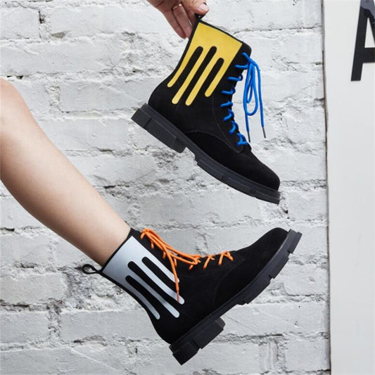 Hot Black Suede Leather Mixed Color Women Ankle Boots For Women Lace Up Platform Flats Botines Mujer Shoes Woman - LiveTrendsX