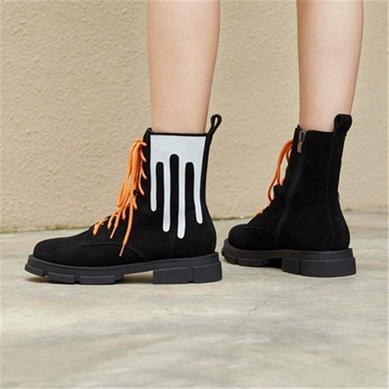 Hot Black Suede Leather Mixed Color Women Ankle Boots For Women Lace Up Platform Flats Botines Mujer Shoes Woman - LiveTrendsX