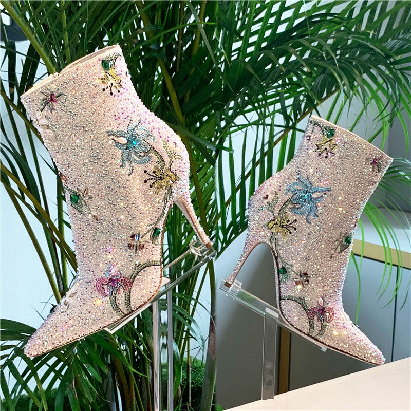 Floral Print Rhinestone Boots Women Short Ankle Boots Pointed Toe High Heels 2020 Spring Fashion Ladies Shoes - LiveTrendsX