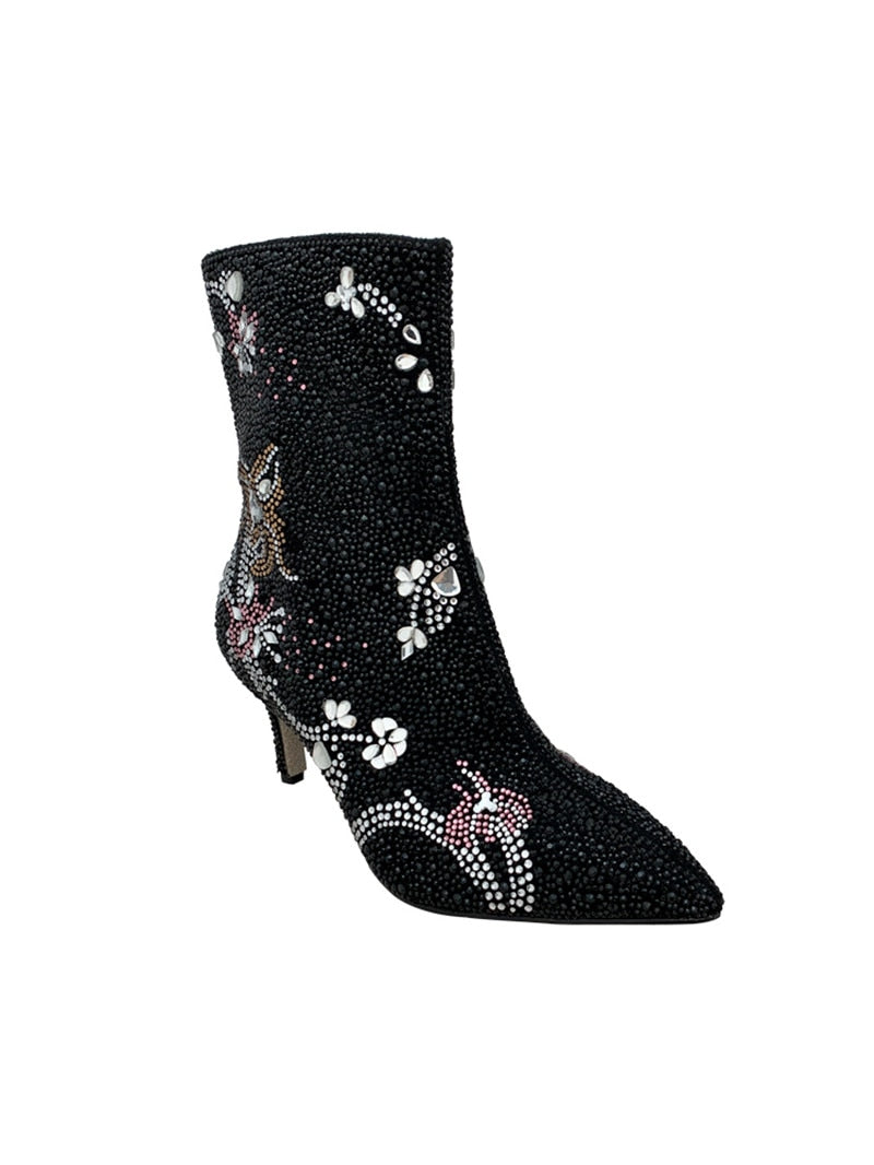 Floral Print Rhinestone Boots Women Short Ankle Boots Pointed Toe High Heels 2020 Spring Fashion Ladies Shoes - LiveTrendsX
