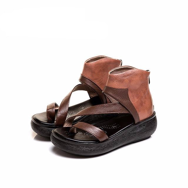 Genuine Leather Ladies Sandals Heel Zipper Design Outsole Black Brown Minimalist Style S5668 Platform Wedges Sandals Ankle Boots - LiveTrendsX