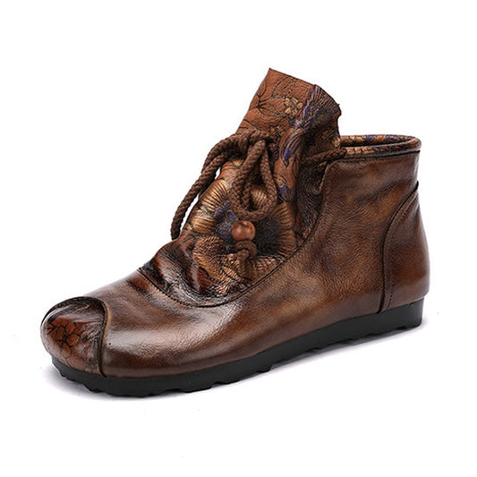 Women Leather Boots Retro Shoes Embroidery Flats Heels Soft Genuine Leather Women Ankle Boots Spring Handmade Martin Boots Shoes - LiveTrendsX