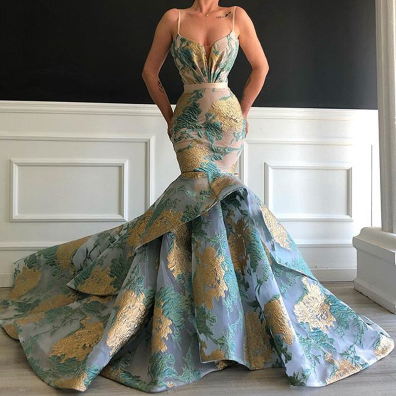 Long Elegant Arabic Women Evening Dress 2020 Sexy Mermaid Spaghetti Strap Floral Print Dubai Formal Evening Gowns - LiveTrendsX
