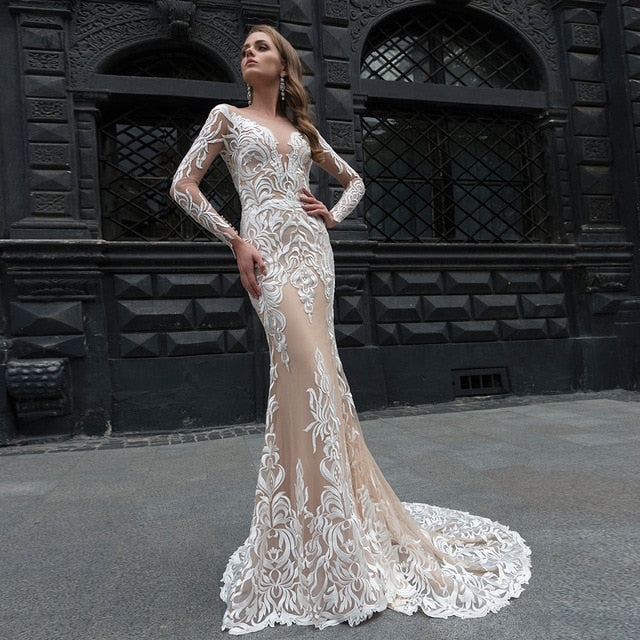 Ivory Lace Champagne Lining Satin Elegant Long Sleeve Mermaid Wedding Dresses Vestido De Noiva Sereia New Style Trumpet Gowns - LiveTrendsX