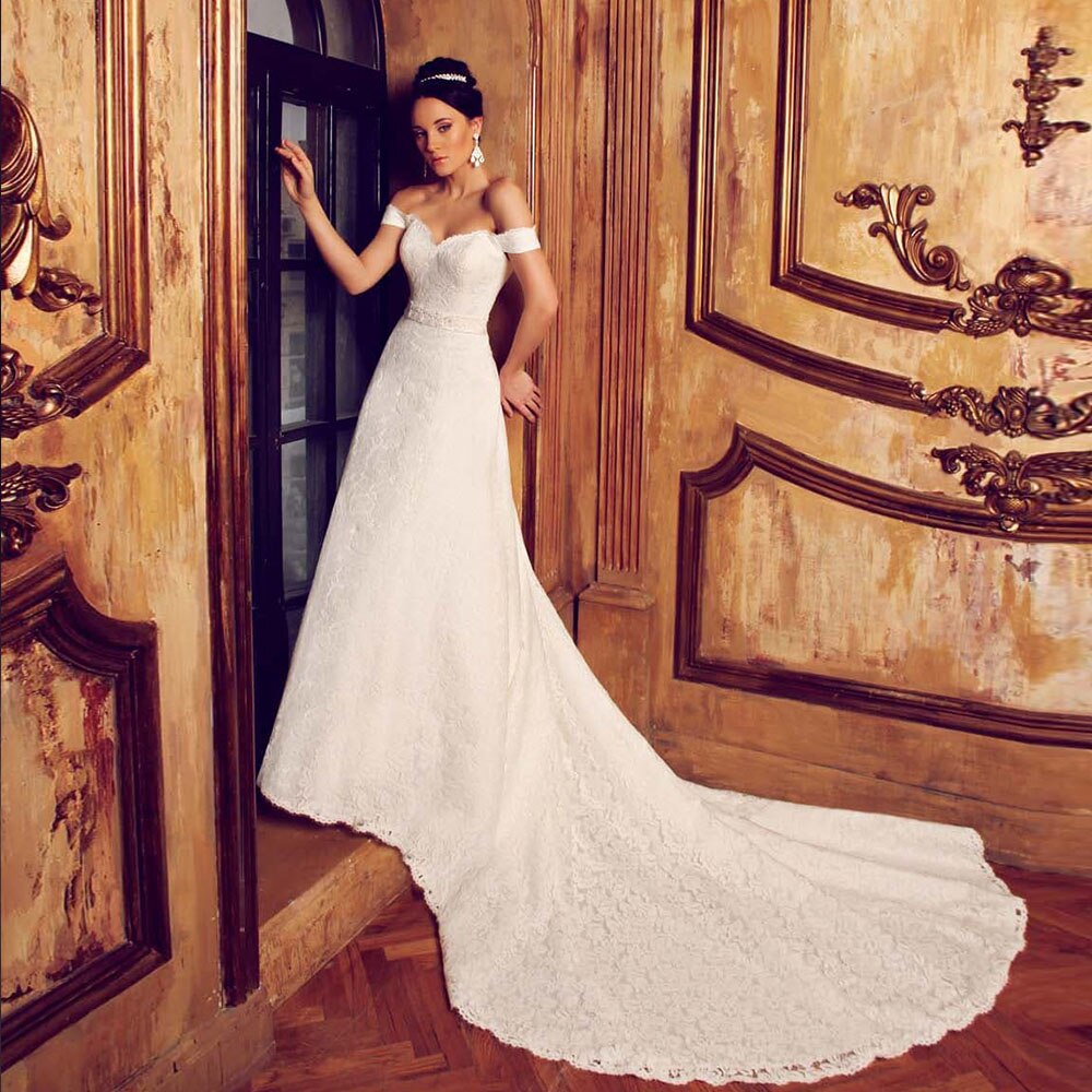 Off The Shoulder Short Sleeve Beading Waist Lace Sheath Wedding Gowns Elegant Bridal Dresses Vestidos Blancos - LiveTrendsX