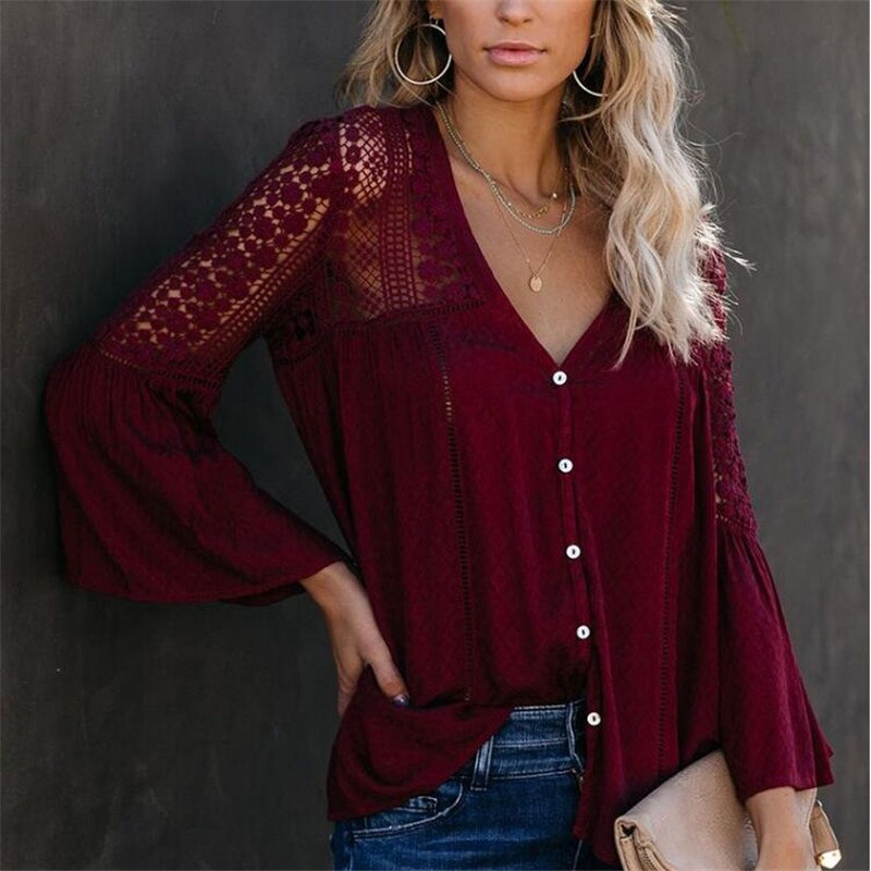 Women's Crochet Shirt Solid Color Sexy V-neck Flare Long Sleeve tops - LiveTrendsX
