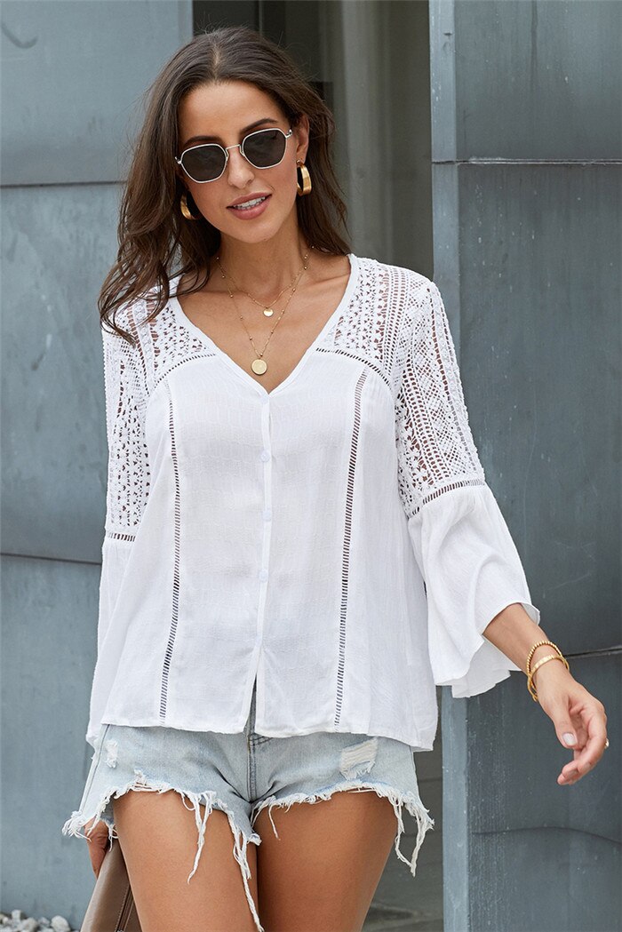 Women's Crochet Shirt Solid Color Sexy V-neck Flare Long Sleeve tops - LiveTrendsX