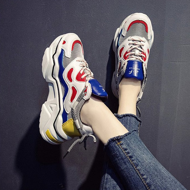 Women Platform Chunky Sneakers 5cm high lace-up Casual Vulcanize Shoes luxury Designer Old Dad female fashion Sneakers - LiveTrendsX