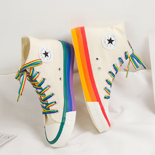 Rainbow Bottom Casual Shoes Woman High Top Sneakers Cavans 2020 Spring Female Casual Shoes White Canvas Sneakers Oman - LiveTrendsX
