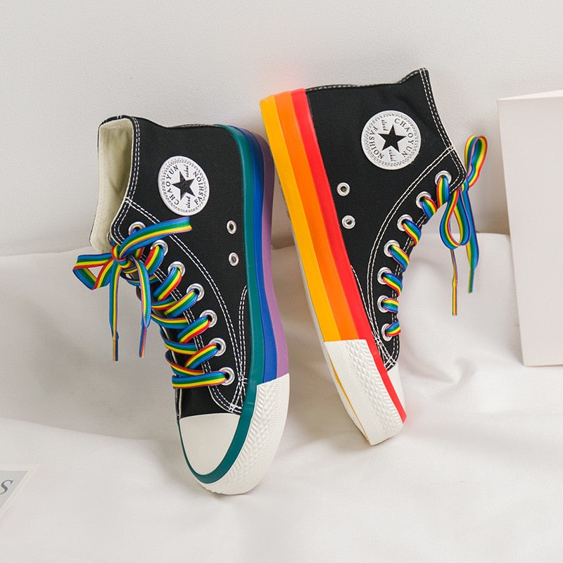 Rainbow Bottom Casual Shoes Woman High Top Sneakers Cavans 2020 Spring Female Casual Shoes White Canvas Sneakers Oman - LiveTrendsX