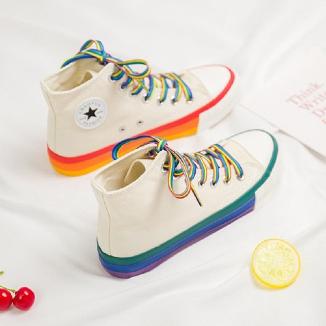 Rainbow Bottom Casual Shoes Woman High Top Sneakers Cavans 2020 Spring Female Casual Shoes White Canvas Sneakers Oman - LiveTrendsX
