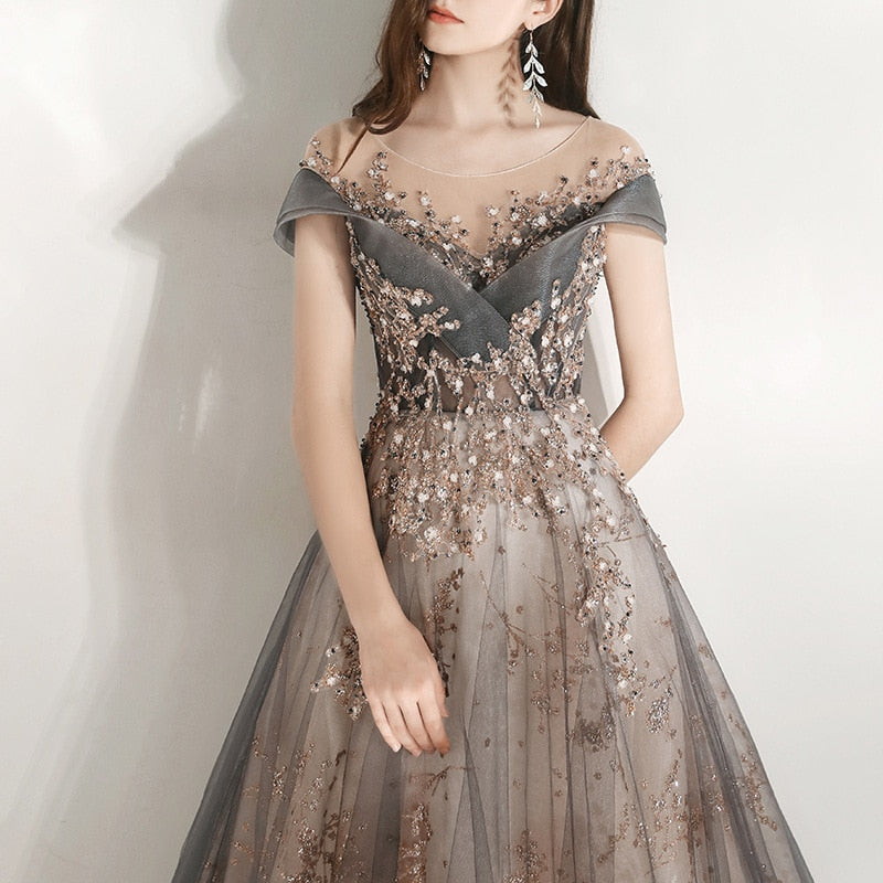 A-Line Women Party Dresses Illusion Crystal Formal Gowns  Floor Length Evening Dress O-Neck Short Sleeve Elegant Vestidos - LiveTrendsX
