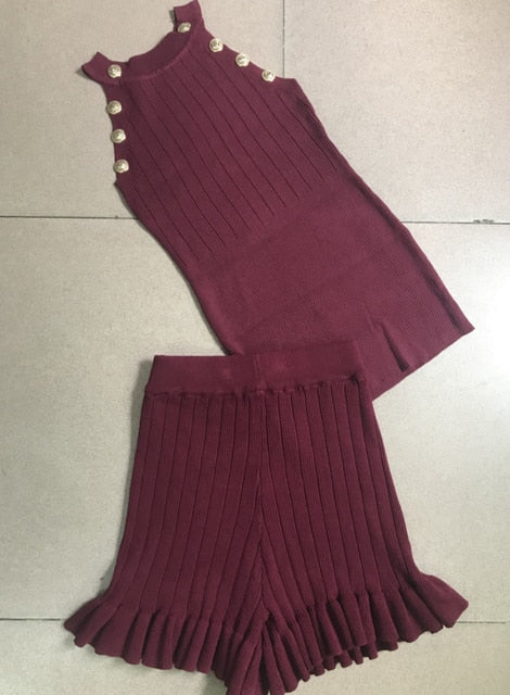 Women Summer Knit Vest Shorts Suits Sleeveless Buttons Tops Short Pants Clothing Sets - LiveTrendsX