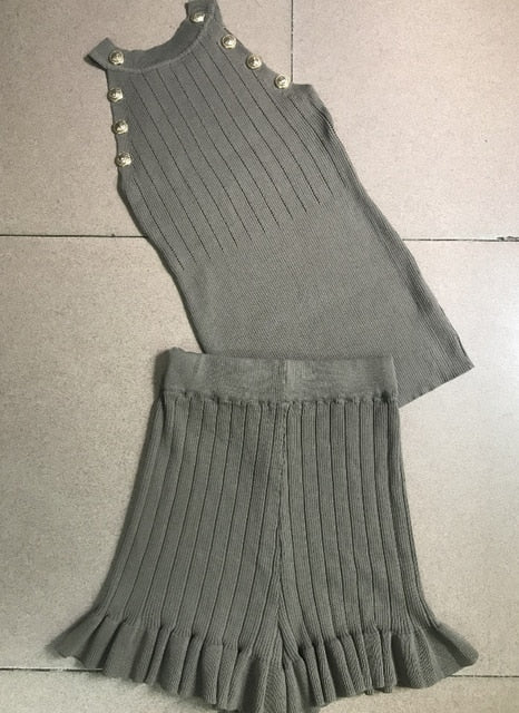 Women Summer Knit Vest Shorts Suits Sleeveless Buttons Tops Short Pants Clothing Sets - LiveTrendsX
