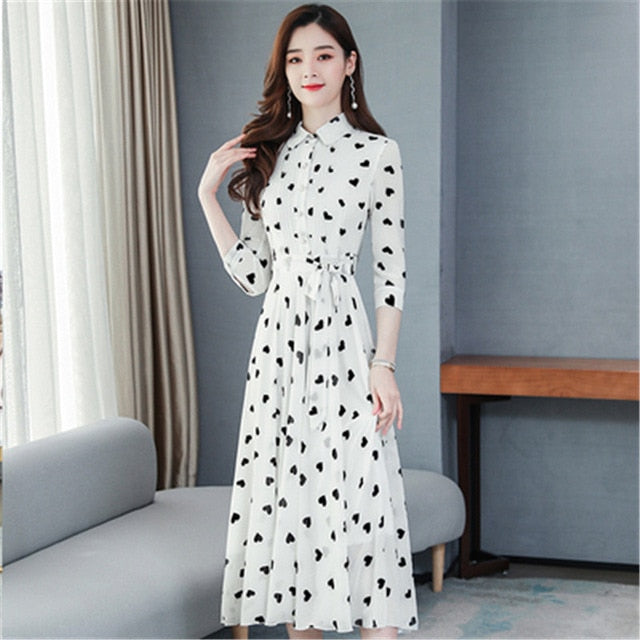 Korean summer new stand-up collar seven-point sleeves temperament chiffon floral big swing dress women - LiveTrendsX