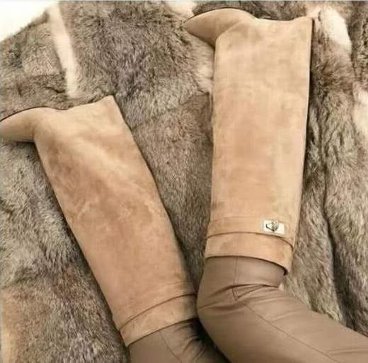 Sexy Suede Shark Lock Fold-Over Thigh High Belted Boots Pointed Toe Covered Wedge Heel Winter Boots Women Plus Size 43 - LiveTrendsX