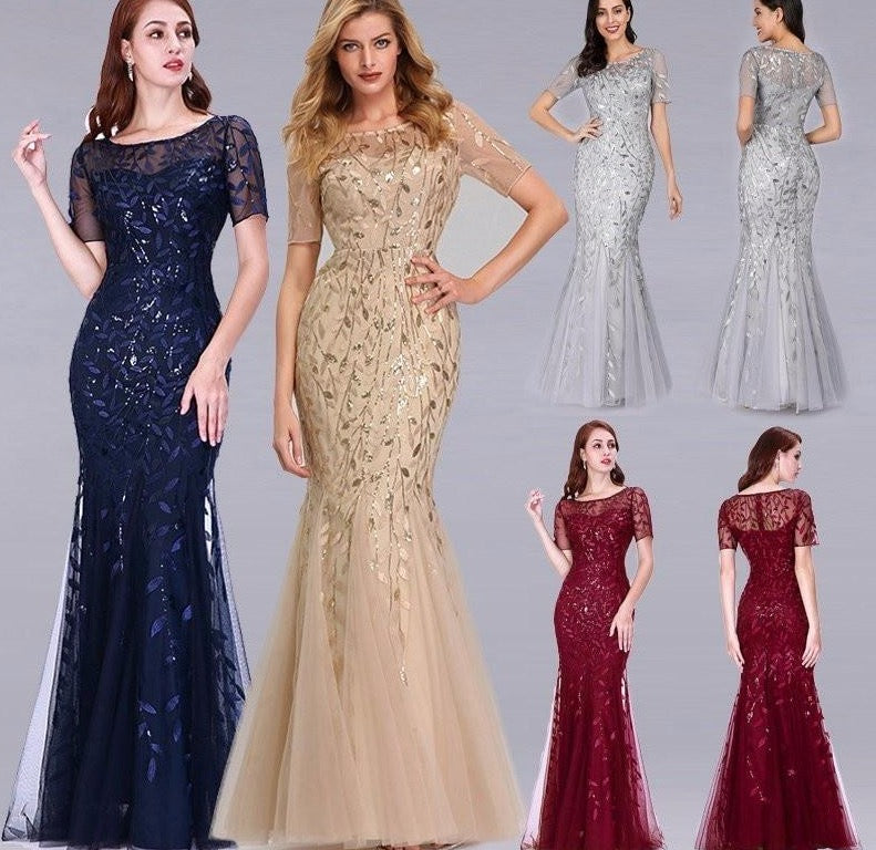 Formal Evening Dresses 2020 Ever Pretty New Mermaid O Neck Short Sleeve Lace Appliques Tulle Long Party Gowns - LiveTrendsX