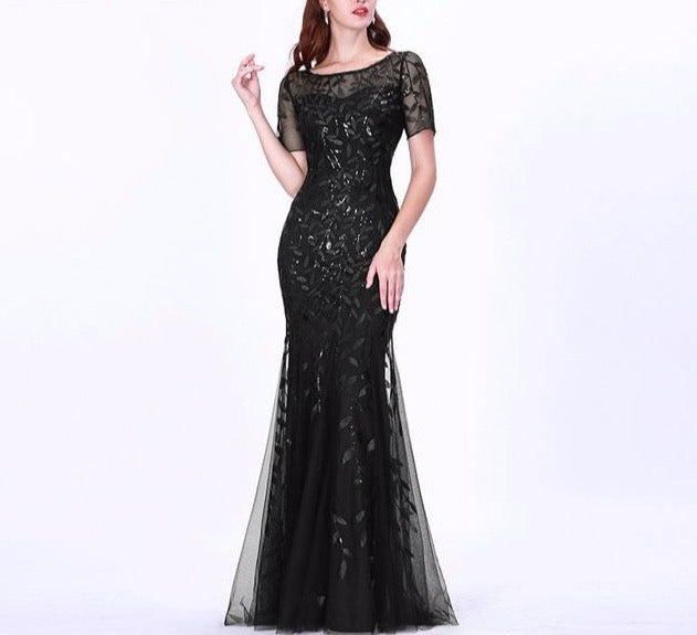 Formal Evening Dresses 2020 Ever Pretty New Mermaid O Neck Short Sleeve Lace Appliques Tulle Long Party Gowns - LiveTrendsX