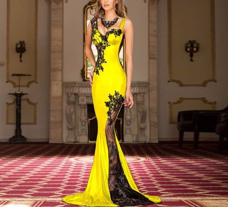 Yellow Spandex New Long Appliques Sexy Sweetheart Illusion Back Dubai Arabic Saudi Arabian Evening Prom Dress Custom Made Plus - LiveTrendsX