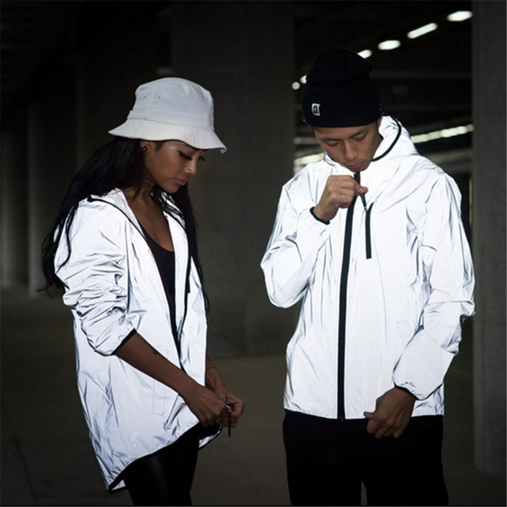 Long Sleeved Reflective jacket men / women harajuku windbreaker jackets hooded hip-hop streetwear night shiny zipper coats - LiveTrendsX