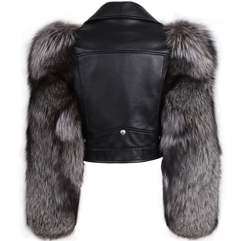 genuine leather jacket fur sleeve women real leather and fur jacket - LiveTrendsX