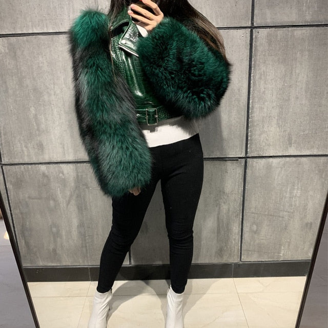 genuine leather jacket fur sleeve women real leather and fur jacket - LiveTrendsX
