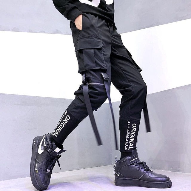 Men Hip Hop Black Cargo Pants joggers Sweatpants Overalls Men Ribbons Streetwear Harem Pants Women Fashions Trousers - LiveTrendsX