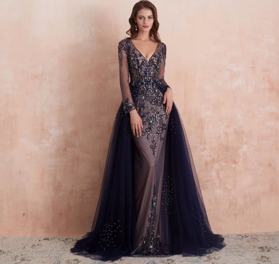 A Line Beading Evening Dress 2020 Long Elegant Formal Dresses Long Sleeve Gown - LiveTrendsX