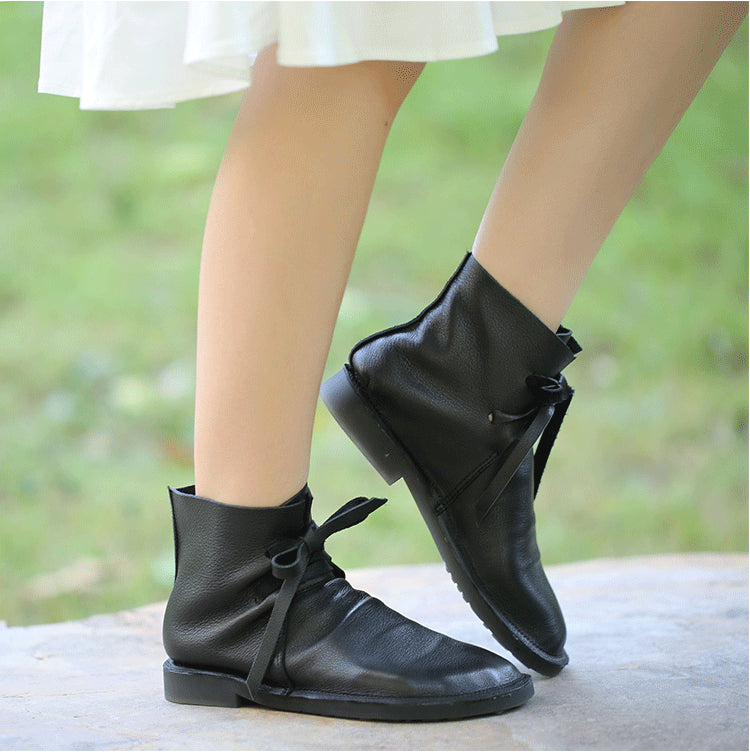 Women Leather Boots Flat Heels Shoes Women Winter Warm Ankle Boots Women Handmade Genuine Leather Martin Boots Black Soft Bottom - LiveTrendsX