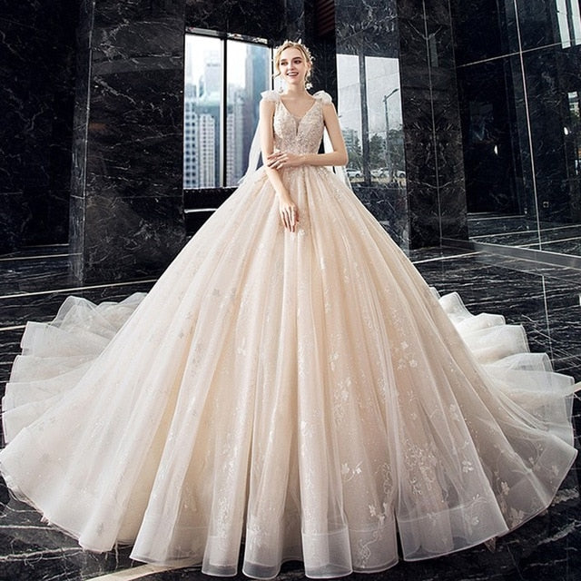 Supper Gorgeous Shiny Crystal Lace Ball Gown Wedding Dress Wih Chapel Train 2020 V-neck Bow Shoulder Princess Bridal Dresses - LiveTrendsX