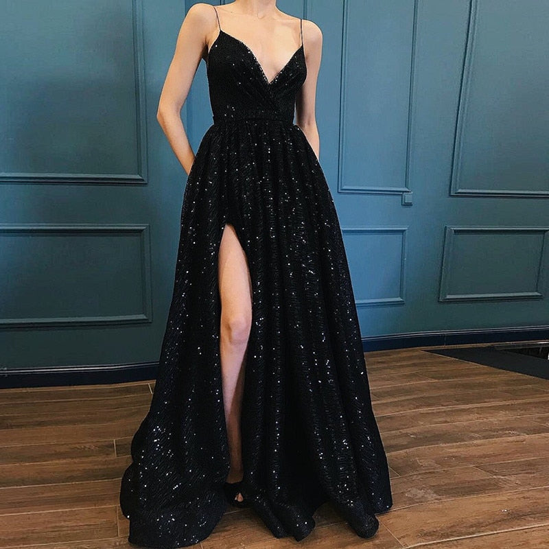 Evening Dress 2020 Sequins V-Neck Elegant Long Formal Dress Spaghetti Straps Side Slit - LiveTrendsX