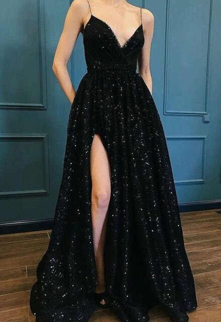 Evening Dress 2020 Sequins V-Neck Elegant Long Formal Dress Spaghetti Straps Side Slit - LiveTrendsX