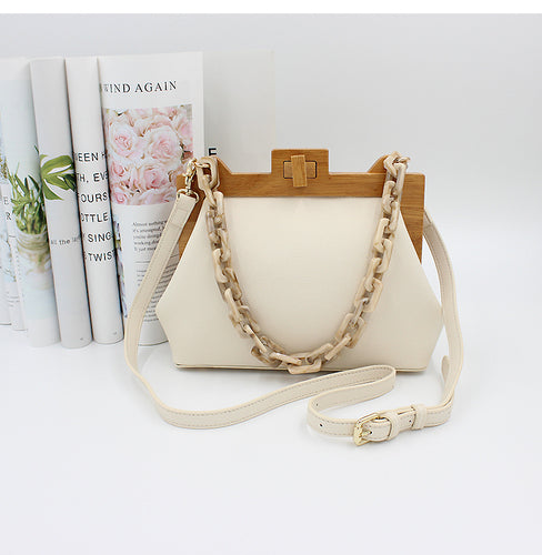 Women Box Bag Bucket Bag Wooden Clip Evening Bag Acrylic Chain
