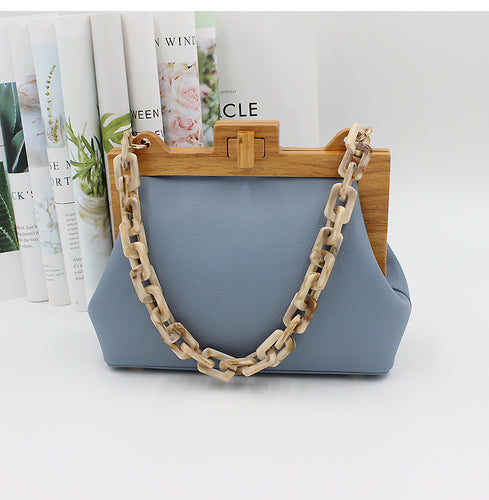 Women Box Bag Bucket Bag Wooden Clip Evening Bag Acrylic Chain