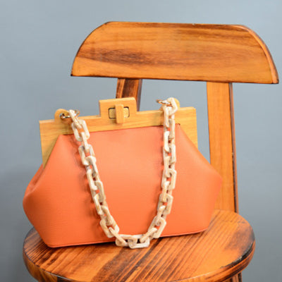 Women Box Bag Bucket Bag Wooden Clip Evening Bag Acrylic Chain
