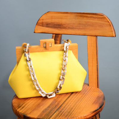 Women Box Bag Bucket Bag Wooden Clip Evening Bag Acrylic Chain