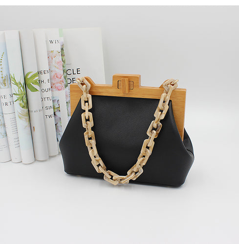 Women Box Bag Bucket Bag Wooden Clip Evening Bag Acrylic Chain