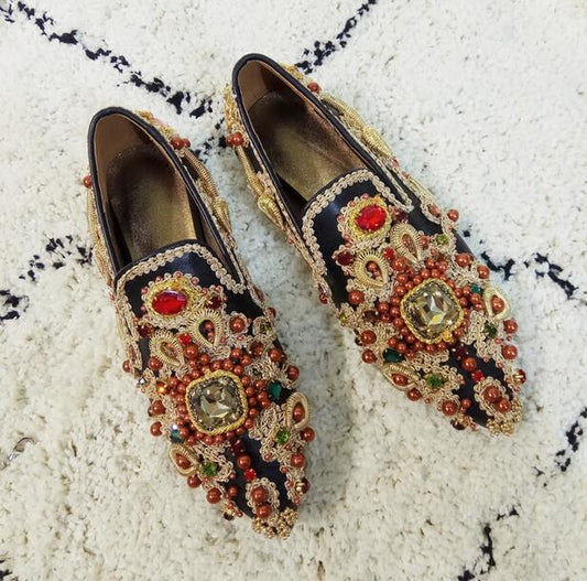 Luxury Colorful Rhinestone Flowers Women Pointy Toe Flats Fashion Ladies Slip On Ballet Flats Golden Embroidery Sexy Flats - LiveTrendsX