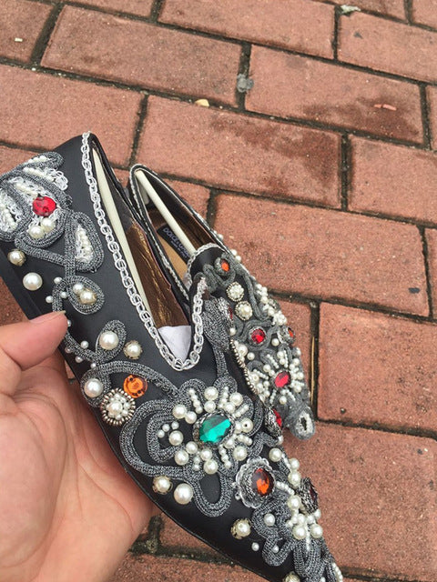 Luxury Colorful Rhinestone Flowers Women Pointy Toe Flats Fashion Ladies Slip On Ballet Flats Golden Embroidery Sexy Flats - LiveTrendsX