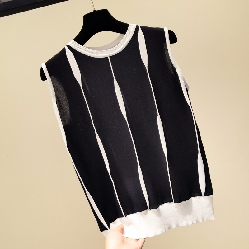 Loose thin patchwork striped knitted tank top women Ice silk sleeveless slim tops summer 2020 black white new arrival - LiveTrendsX