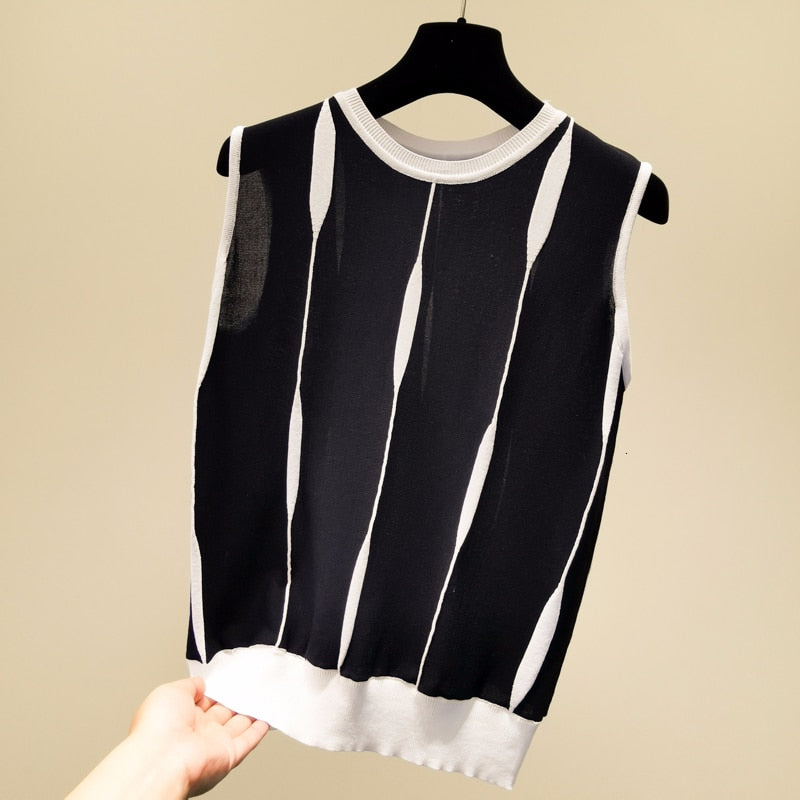 Loose thin patchwork striped knitted tank top women Ice silk sleeveless slim tops summer 2020 black white new arrival - LiveTrendsX