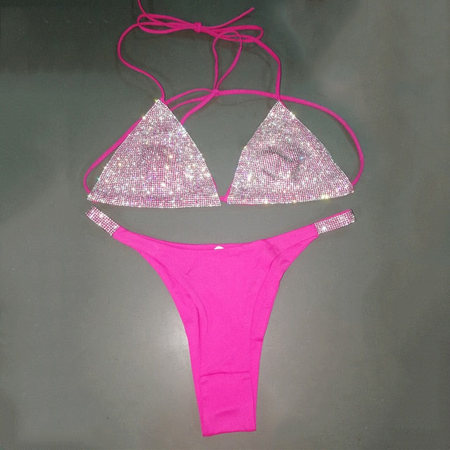 Luxury Bling Rhinestone Bikini Sliver Set 2020 Crystal Diamond Sexy Women Swimsuit Halter Push Up Bandage Swimwear Bikini Set - LiveTrendsX
