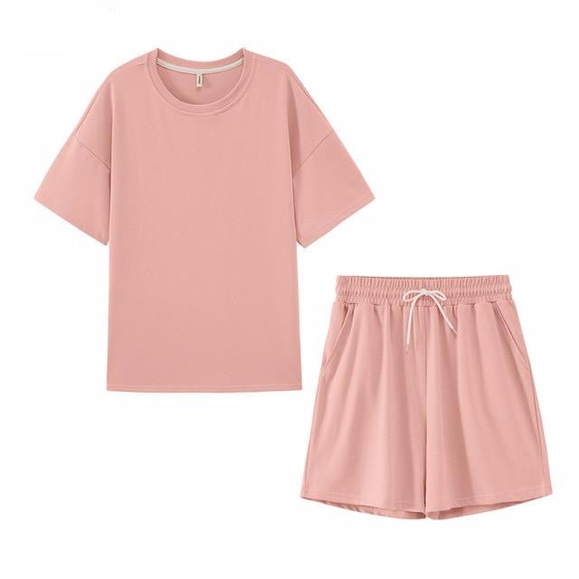 summer tracksuits womens two peices set leisure outfits cotton oversized t-shirts high waist shorts candy color clothing - LiveTrendsX