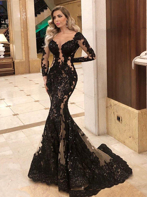 Mermaid Formal Evening Dress Long Sleeve Sexy Black Long Prom Party Gowns Custom Made - LiveTrendsX