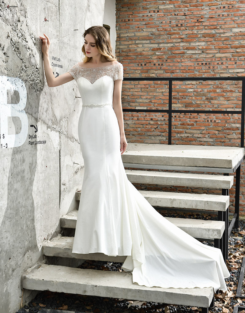 Fashion Mermaid Wedding Dresses Beading Crystal Bridal Cap Sleeve Wedding Dress with Train - LiveTrendsX
