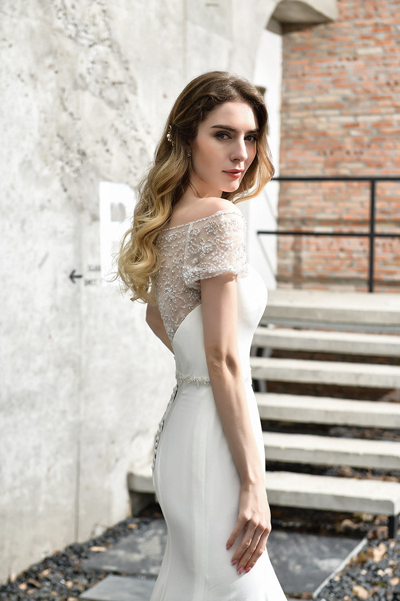 Fashion Mermaid Wedding Dresses Beading Crystal Bridal Cap Sleeve Wedding Dress with Train - LiveTrendsX